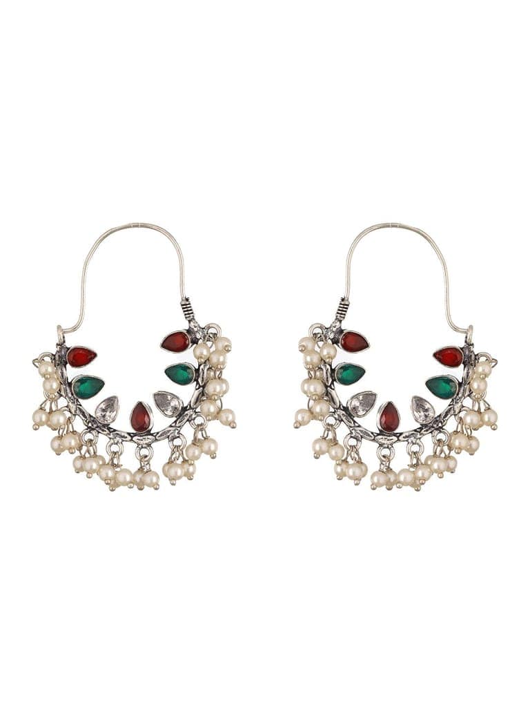Silver Oxidised Red & Green Stone & Pearl Beaded Handcrafted Chandbali Dangler Earrings. view 5