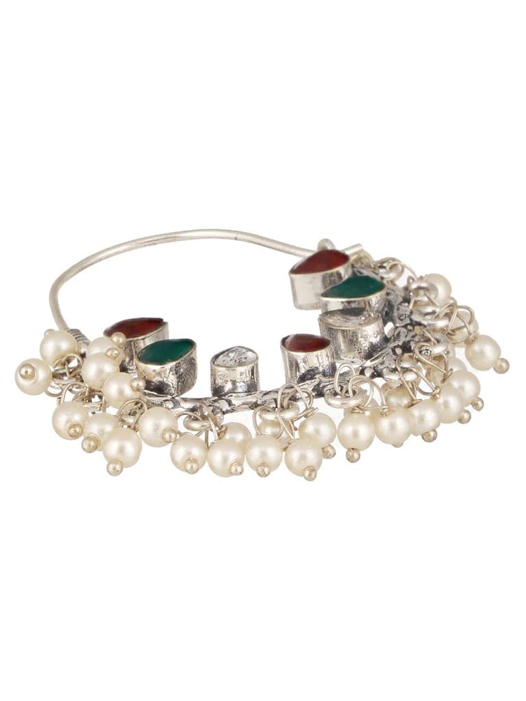 Silver Oxidised Red & Green Stone & Pearl Beaded Handcrafted Chandbali Dangler Earrings. view 6