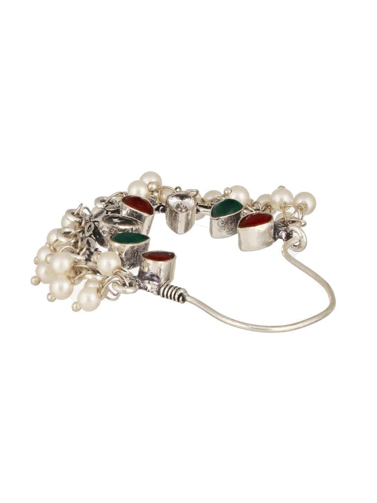 Silver Oxidised Red & Green Stone & Pearl Beaded Handcrafted Chandbali Dangler Earrings. view 7
