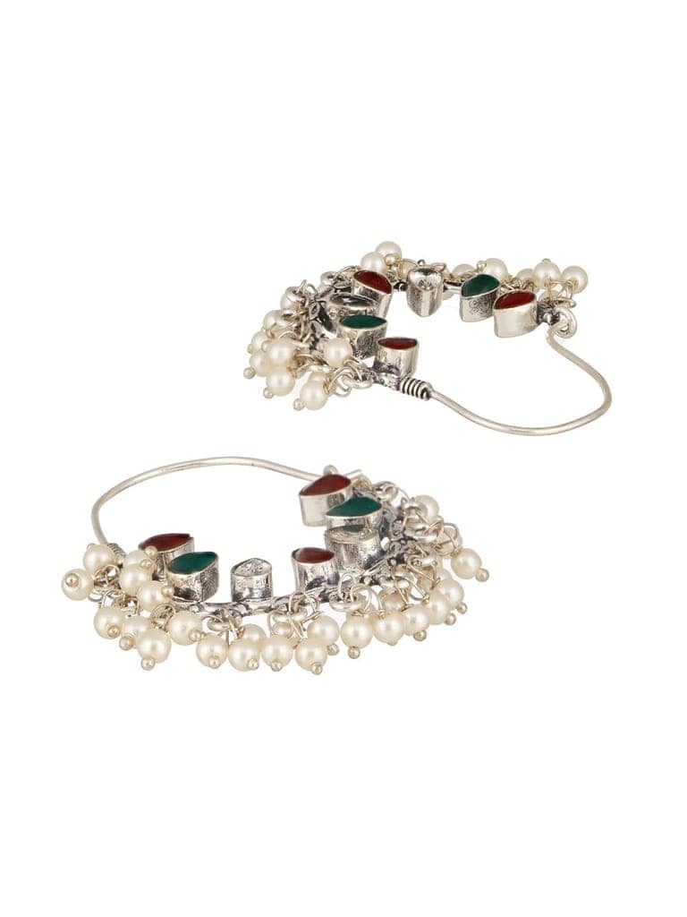 Silver Oxidised Red & Green Stone & Pearl Beaded Handcrafted Chandbali Dangler Earrings. view 8
