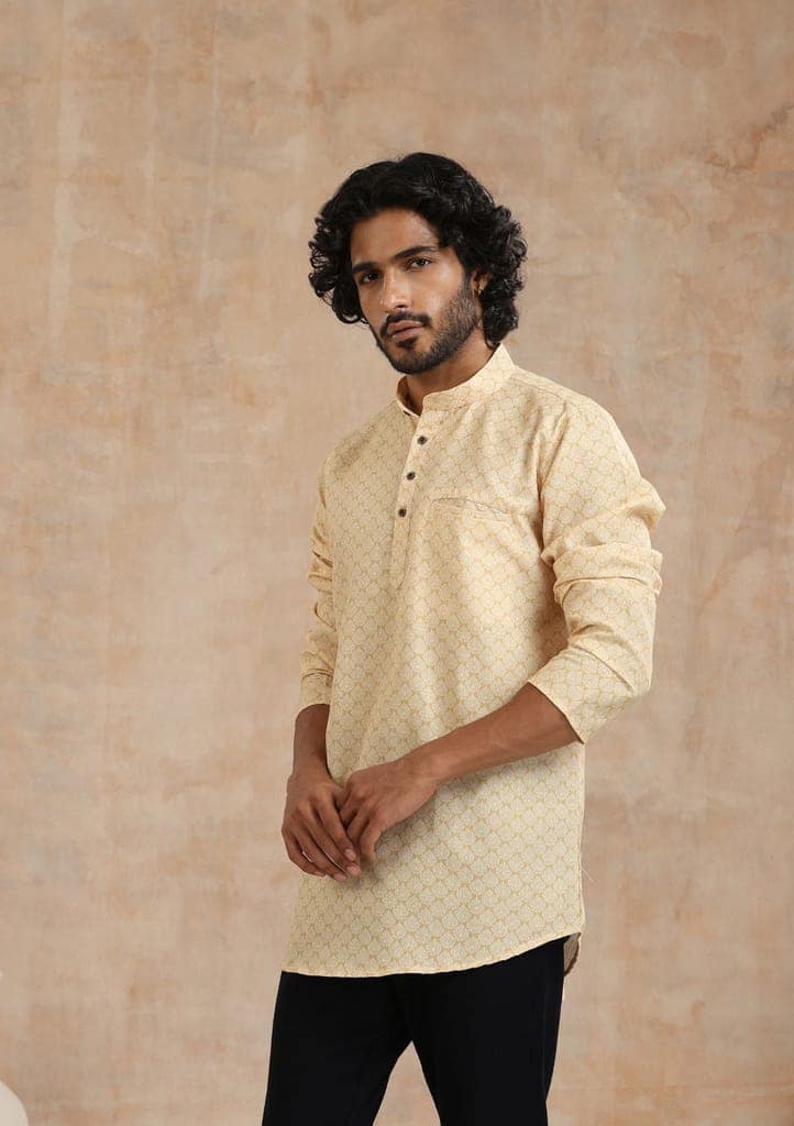 Poly Cotton Printed Men's Short Kurta - Mustard view 3