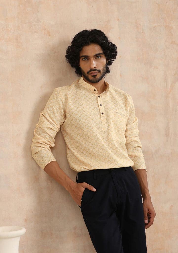 Poly Cotton Printed Men's Short Kurta - Mustard view 4