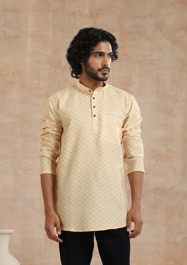 Poly Cotton Printed Men's Short Kurta - Mustard view 5