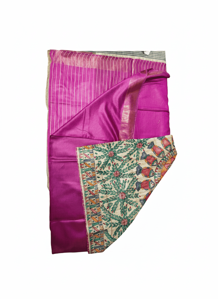 Fuchsia Pink Tussar Silk Saree with Handpainted Kalamkari Pallu view 4