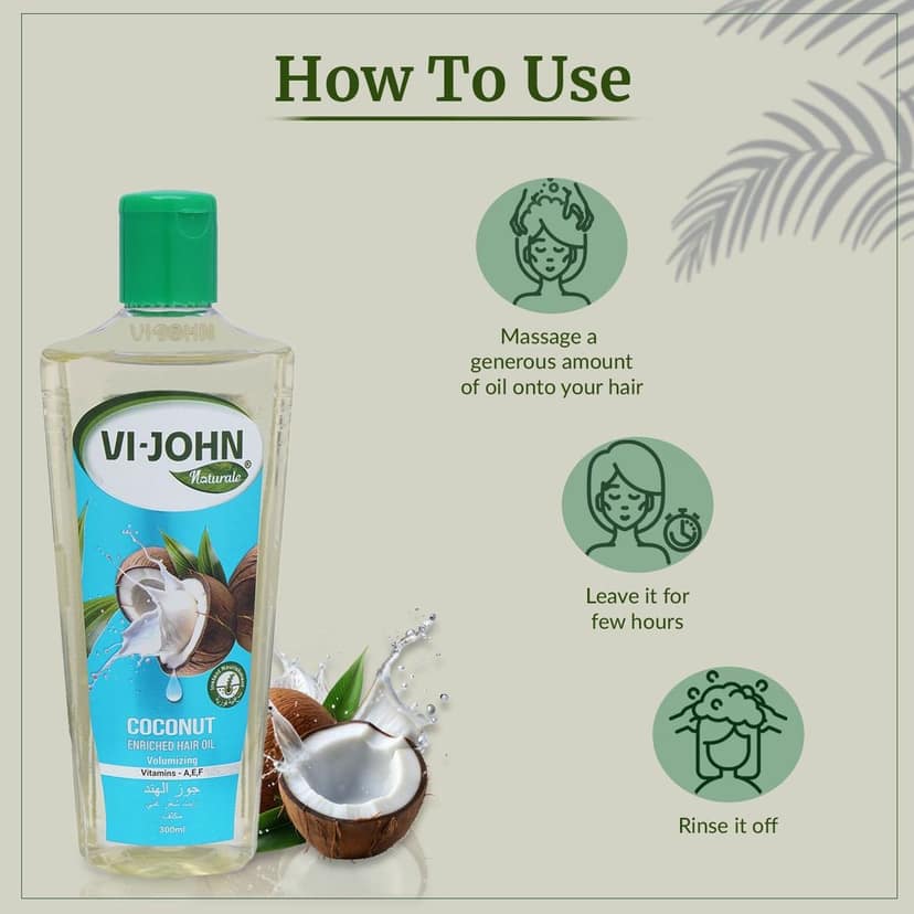 VI-JOHN NATURALE Coconut Enriched Hair Oil | Volumizing with Vitamin A.E & F | Natural Hair Growth | for All Hair Types | Men and Women | 300ML view 6