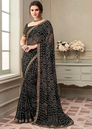 Bandhej Printed Chiffon Saree in Black