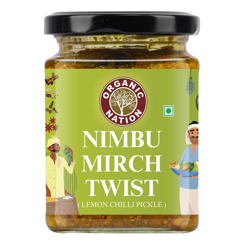 Organic Nation Lemon Chilli Pickle - Nimbu Mirch Twist | Homestyle Taste with Traditional Recipe | Lemon & Green Chilli Achar | Authentic Indian Taste | No Preservatives | 250g
