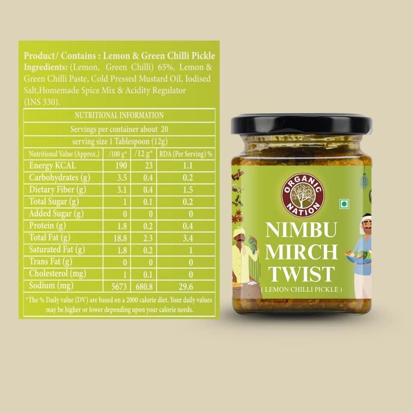 Organic Nation Lemon Chilli Pickle - Nimbu Mirch Twist | Homestyle Taste with Traditional Recipe | Lemon & Green Chilli Achar | Authentic Indian Taste | No Preservatives | 250g view 4