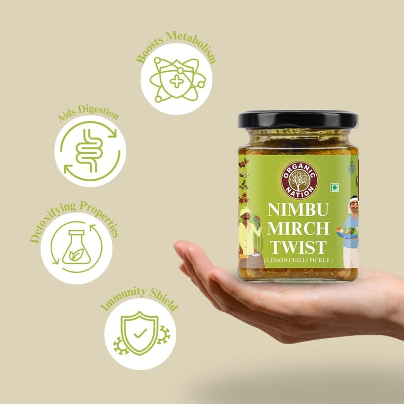 Organic Nation Lemon Chilli Pickle - Nimbu Mirch Twist | Homestyle Taste with Traditional Recipe | Lemon & Green Chilli Achar | Authentic Indian Taste | No Preservatives | 250g view 5