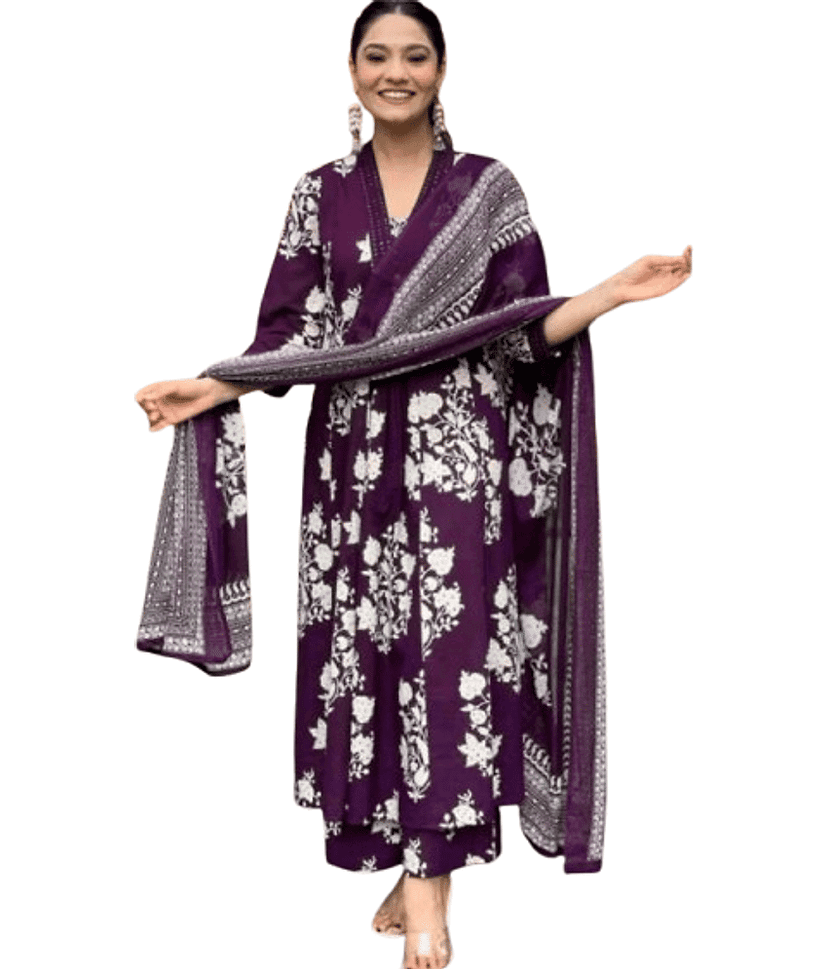 Heavenly Attire Women Cotton Printed Anarkali Kurti With Pants ( Wine )