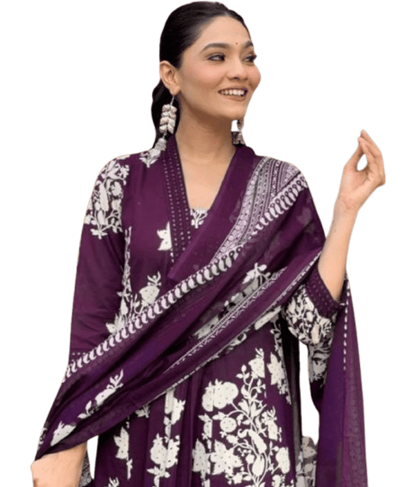 Heavenly Attire Women Cotton Printed Anarkali Kurti With Pants ( Wine ) view 2
