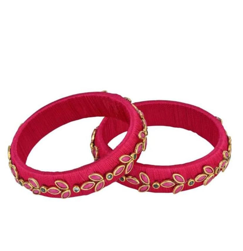 Pink Silk Thread Bangle Set with Kundan and Pearl Work for Women view 2