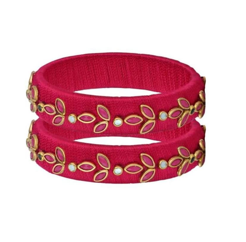 Pink Silk Thread Bangle Set with Kundan and Pearl Work for Women view 3