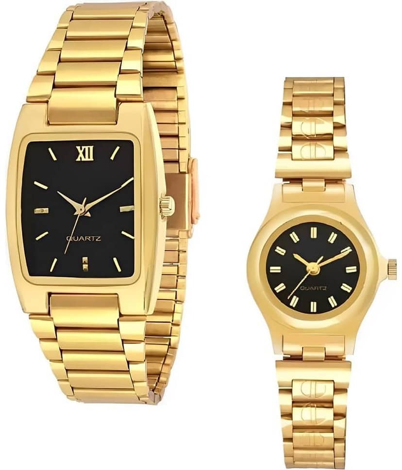 Viser Gold Metal Analog Couple's Watch