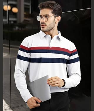 AOOSH Pack of 1 Cotton Blend Regular Fit Striped Full Sleeves Men's Polo T Shirt ( Navy )