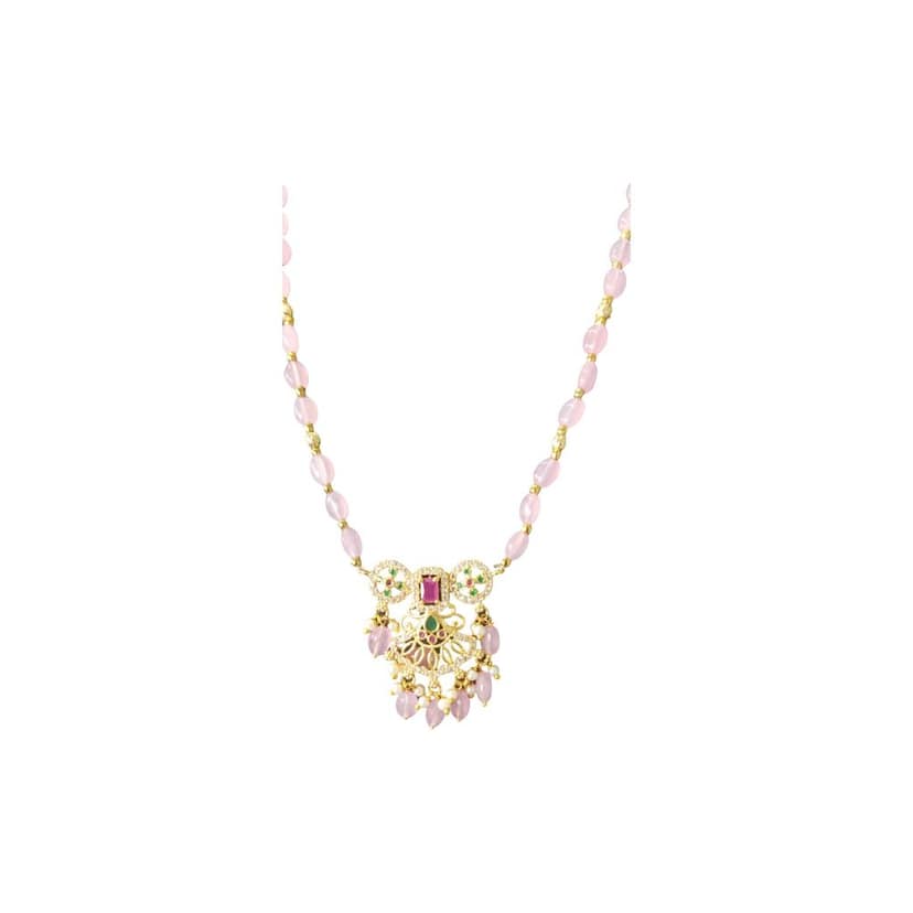 Delicate Pink Beaded Necklace with Gold Plated Pendant view 3
