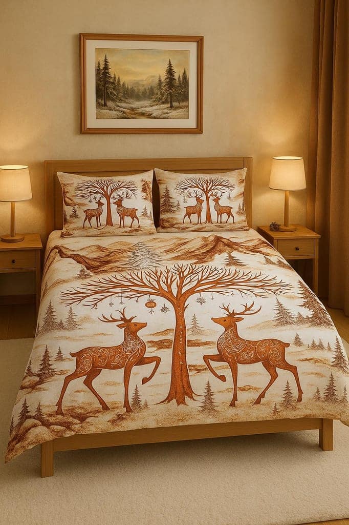 DHRUVINSR Luxury Heritage Super King Size Bed cotton bedsheet 108*108 with 2 Pillow Cases 45 x 72 cm, Reindee Forest Design,King Size 108x108 Inch,Christmas Motif, Festive Motif