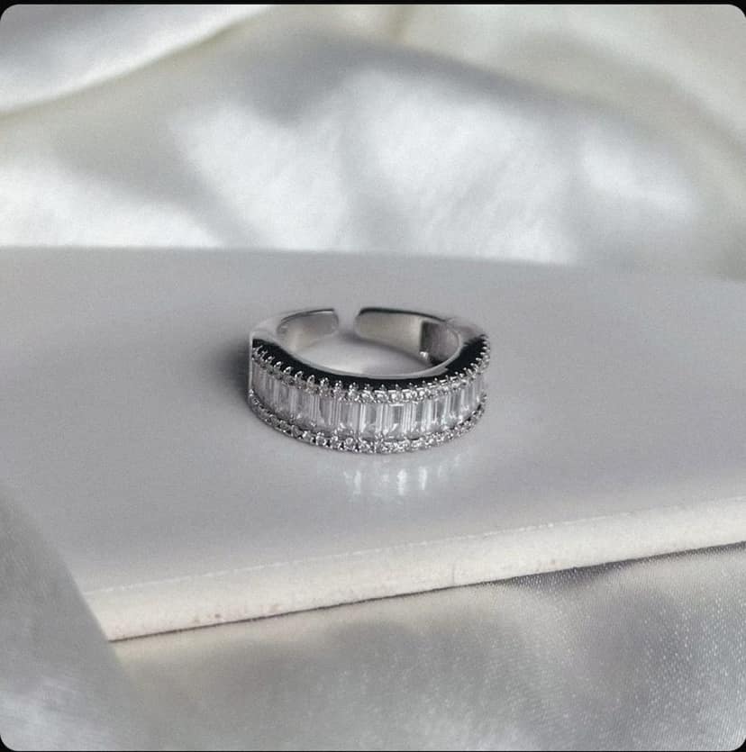 Luxurious Adjustable Silver Band Ring with Baguette and Round CZ Stones view 2