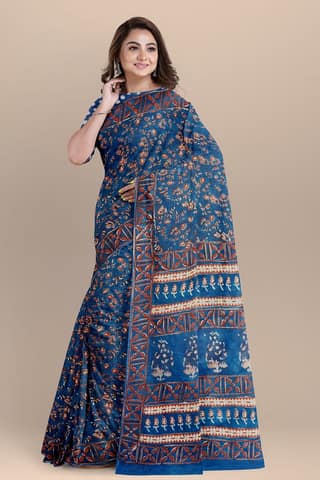 Nandana Indigo Dabu Malmal Cotton Saree With Floral Motifs SKU-BS10169