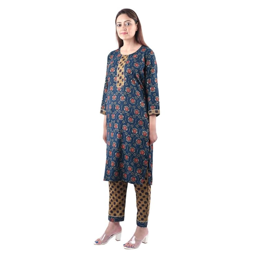 Cotton Fabric Block Printed Zari work Kurti With Pants-S' color-Blue view 3