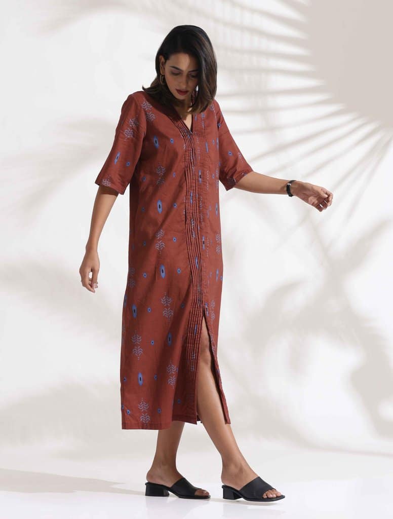 trueBrowns Brown Cotton Print pleated Dress - Brown (4XL)