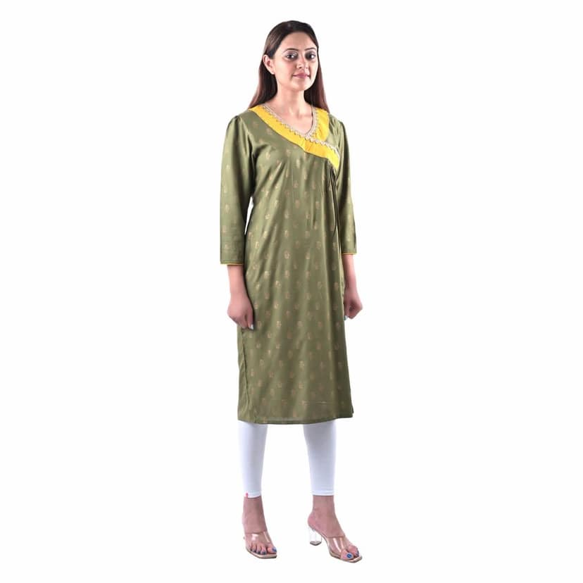 Cotton Rayon Mix Fabric Block Printed Straight Kurta with Side Slit Green Women's view 2