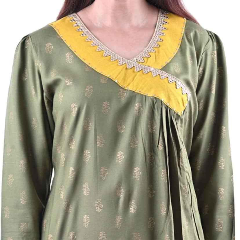 Cotton Rayon Mix Fabric Block Printed Straight Kurta with Side Slit Green Women's view 5
