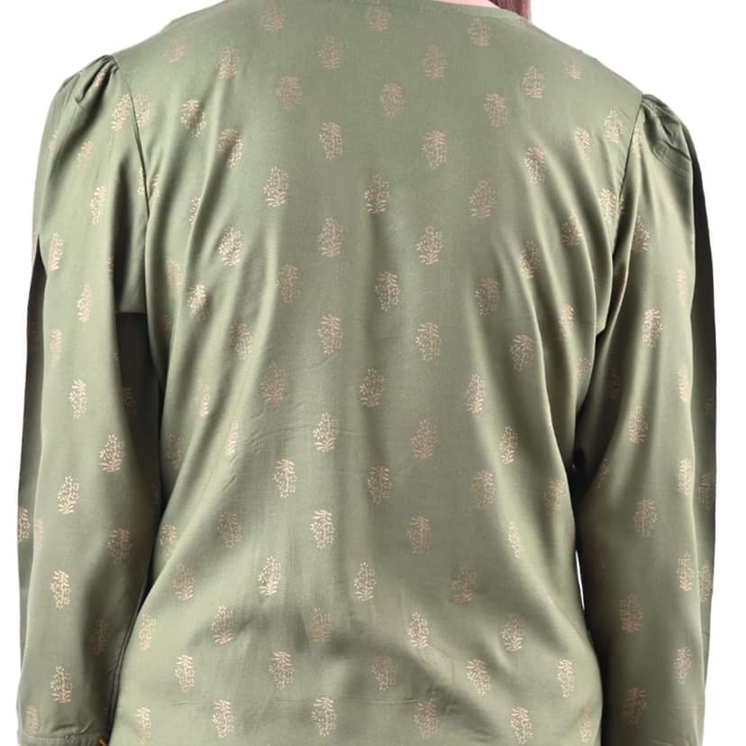 Cotton Rayon Mix Fabric Block Printed Straight Kurta with Side Slit Green Women's view 6