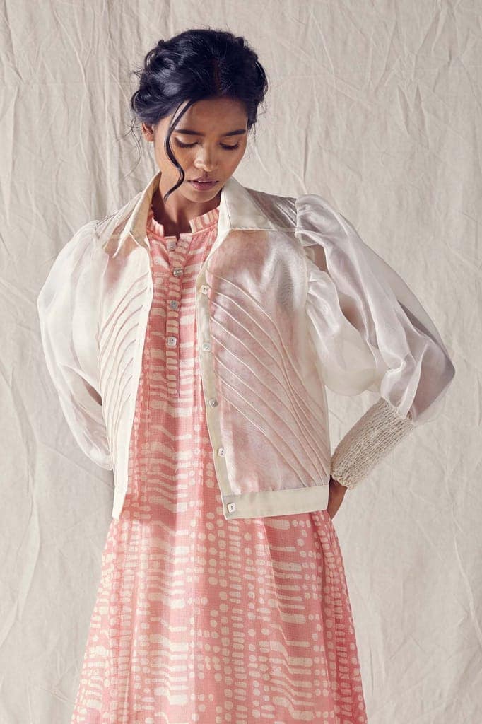 Off White Silk Organza Crop Jacket view 3