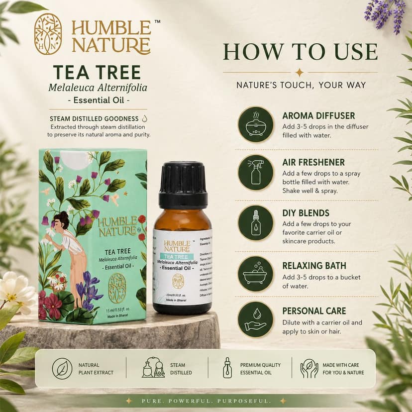 Humble Nature Tea Tree Essential Oil 15 ml | Steam Distilled Melaleuca Alternifolia Oil | Natural Plant Extract | For Skincare, Haircare, Diffuser, Aromatherapy, DIY Blends, Massage & Home Fragrance view 2