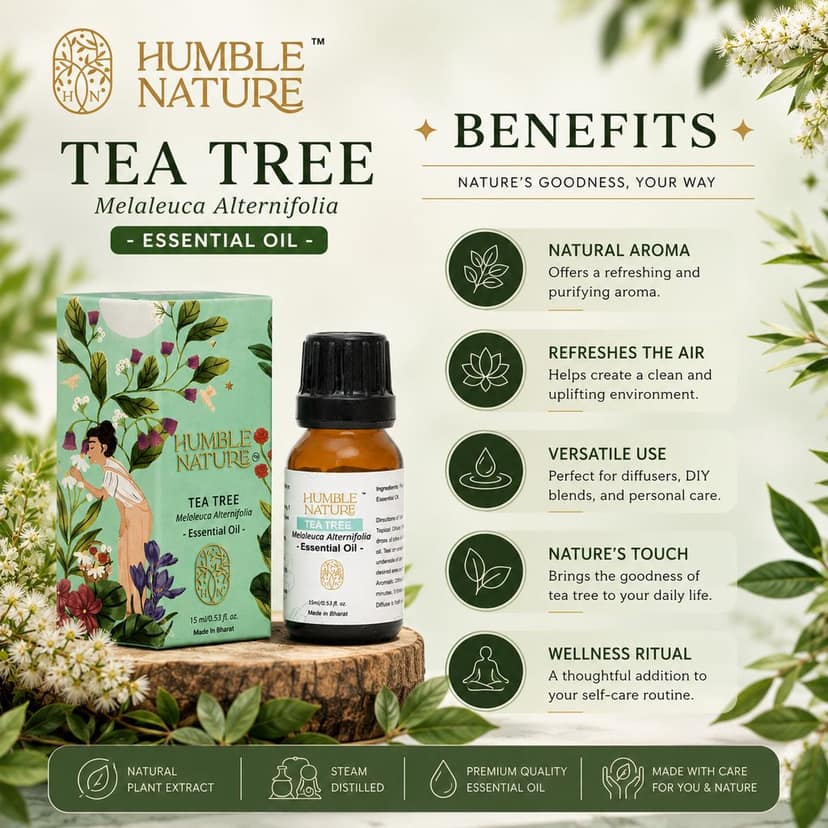 Humble Nature Tea Tree Essential Oil 15 ml | Steam Distilled Melaleuca Alternifolia Oil | Natural Plant Extract | For Skincare, Haircare, Diffuser, Aromatherapy, DIY Blends, Massage & Home Fragrance view 3