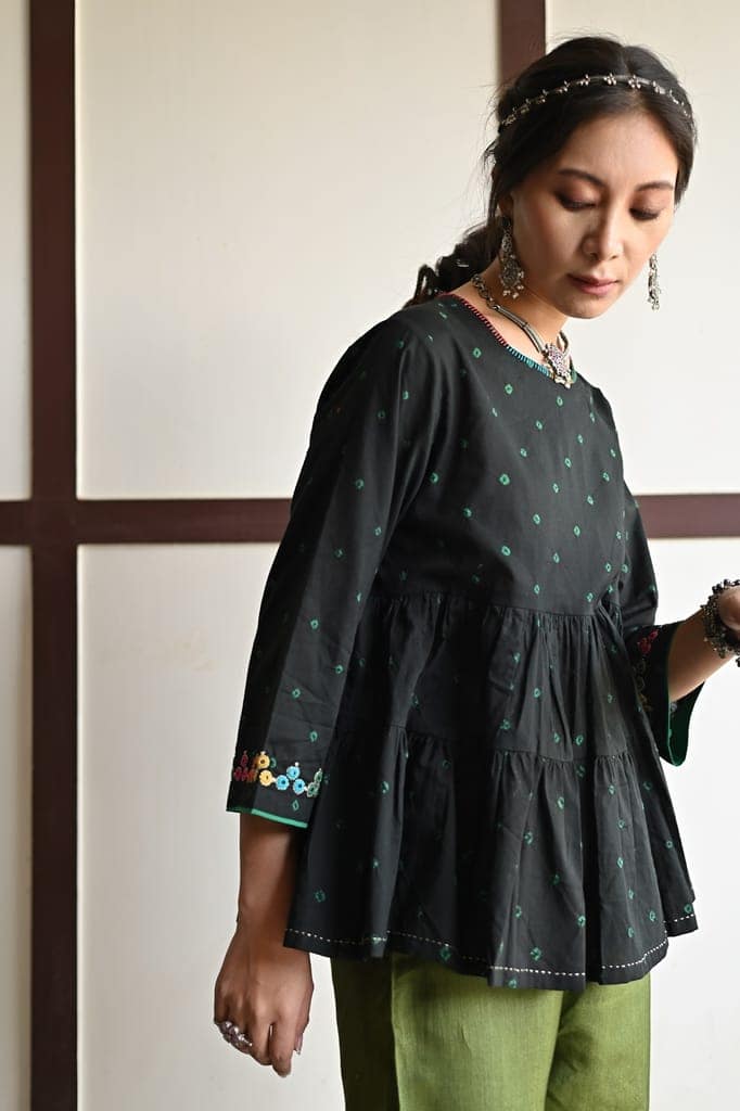 Kaanch Three-Quarter Sleeve Bandhej And Embroidered Black Top view 3