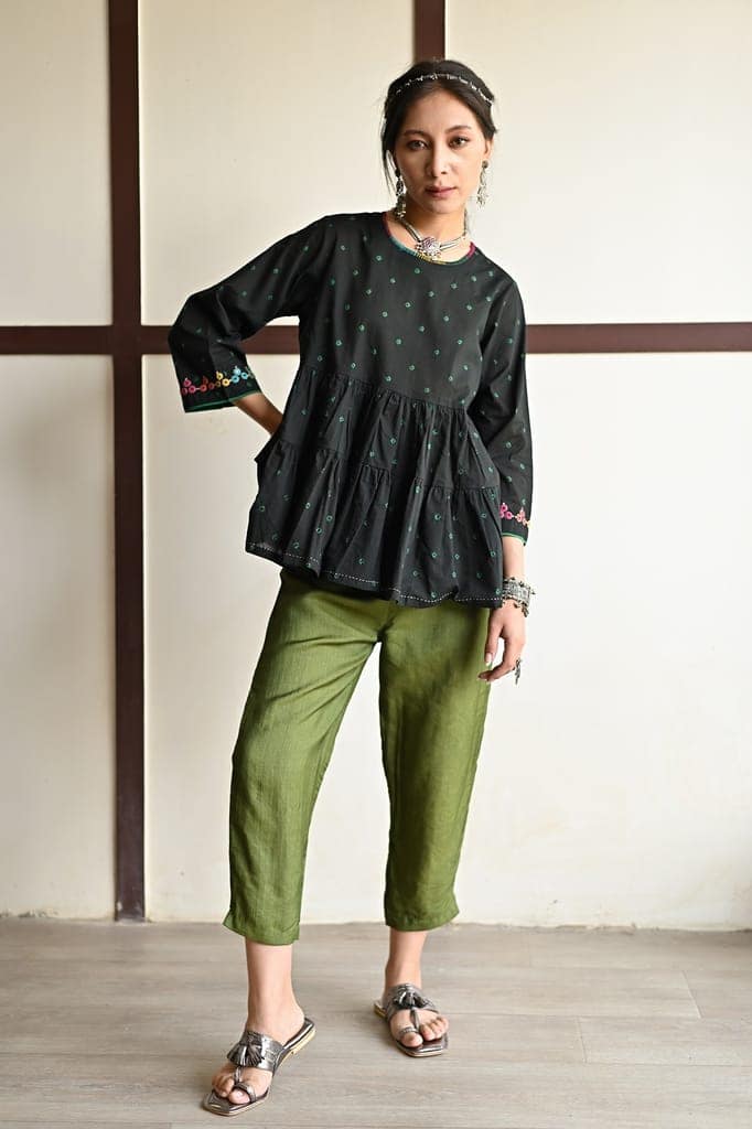 Kaanch Three-Quarter Sleeve Bandhej And Embroidered Black Top view 4
