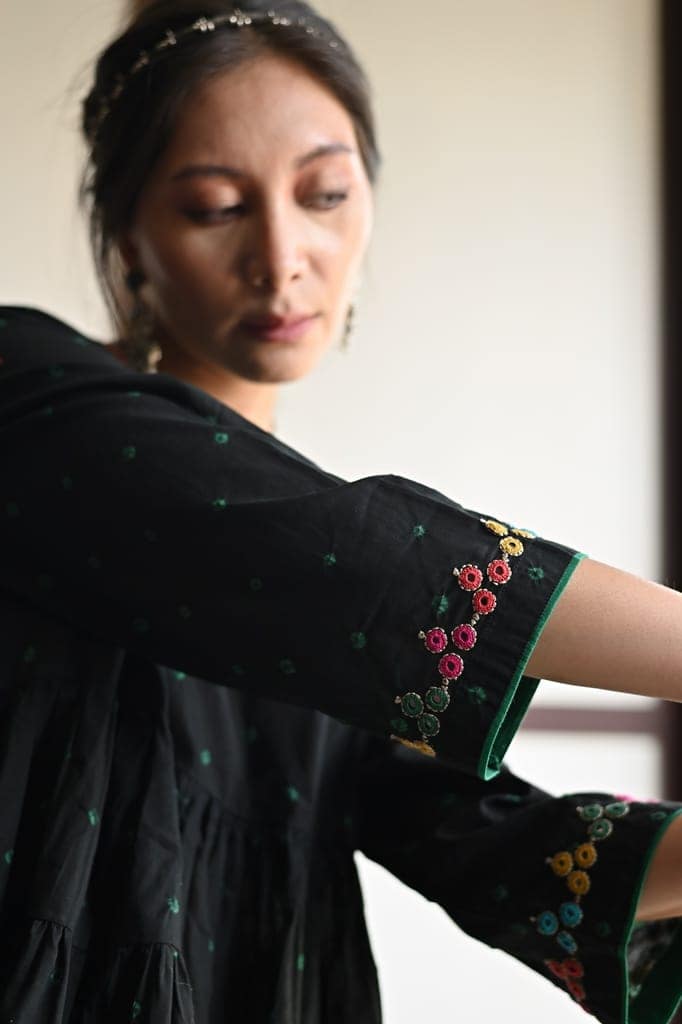 Kaanch Three-Quarter Sleeve Bandhej And Embroidered Black Top view 5