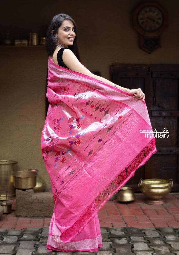 Utsaav ~ Traditional Handloom Cotton Paithani in Gorgeous Pastel Pink with Silver pallu view 2