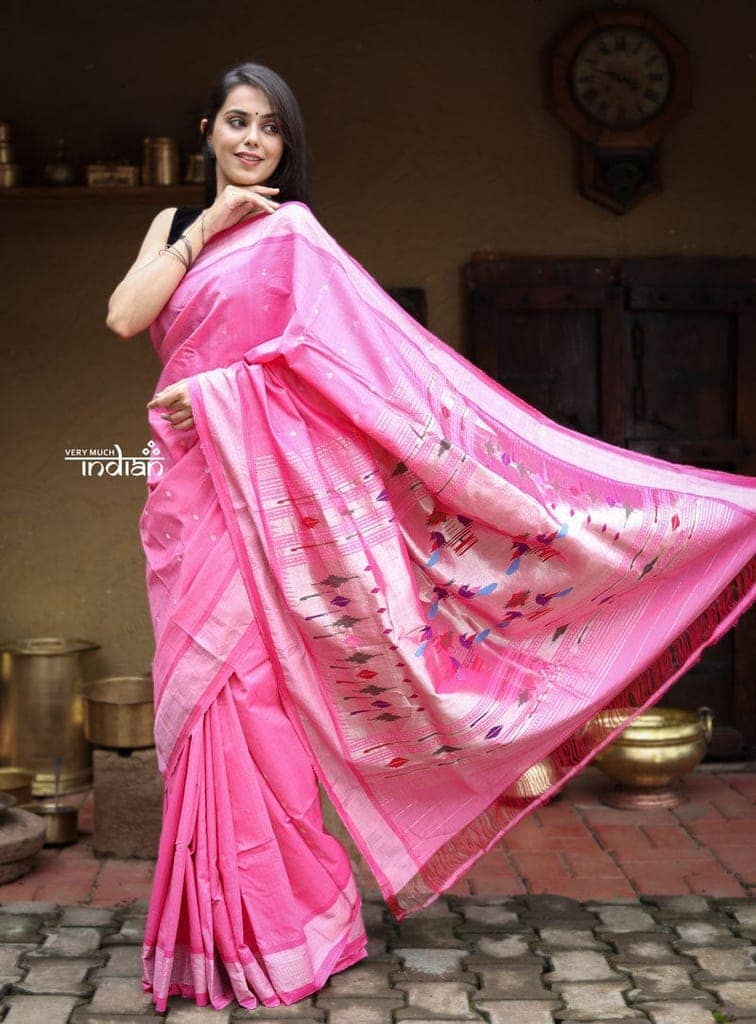 Utsaav ~ Traditional Handloom Cotton Paithani in Gorgeous Pastel Pink with Silver pallu view 3