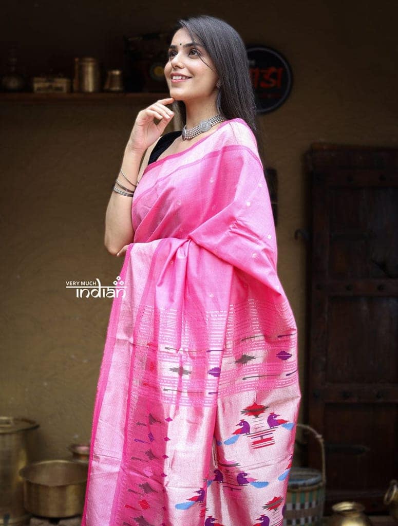 Utsaav ~ Traditional Handloom Cotton Paithani in Gorgeous Pastel Pink with Silver pallu view 5