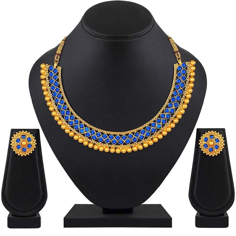 Pujvi Fashions Blue metalic Choker Necklace set view 2