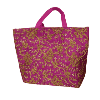 Pink and gold embroidered tote bag
