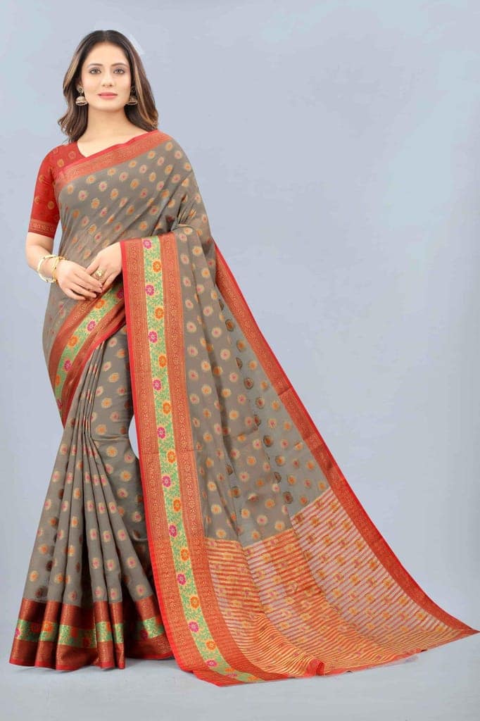 Women's Cotton Woven Grey Saree