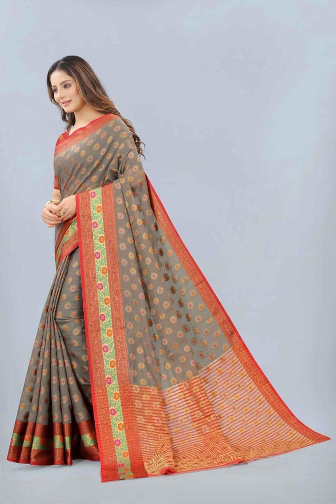 Women's Cotton Woven Grey Saree view 3