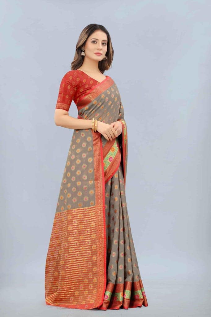Women's Cotton Woven Grey Saree view 4