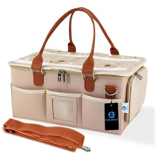 OCEANEVO Cute Felt Diaper Caddy Organizer Bag with Lid and Removable Shoulder Strap | Baby Basket Essentials for Newborn Baby Products Storage with Compartments | 40 x 27 x 19 cm | Model 2 Beige OCEANEVO Cute Felt Diaper Caddy Organizer Bag with Lid and