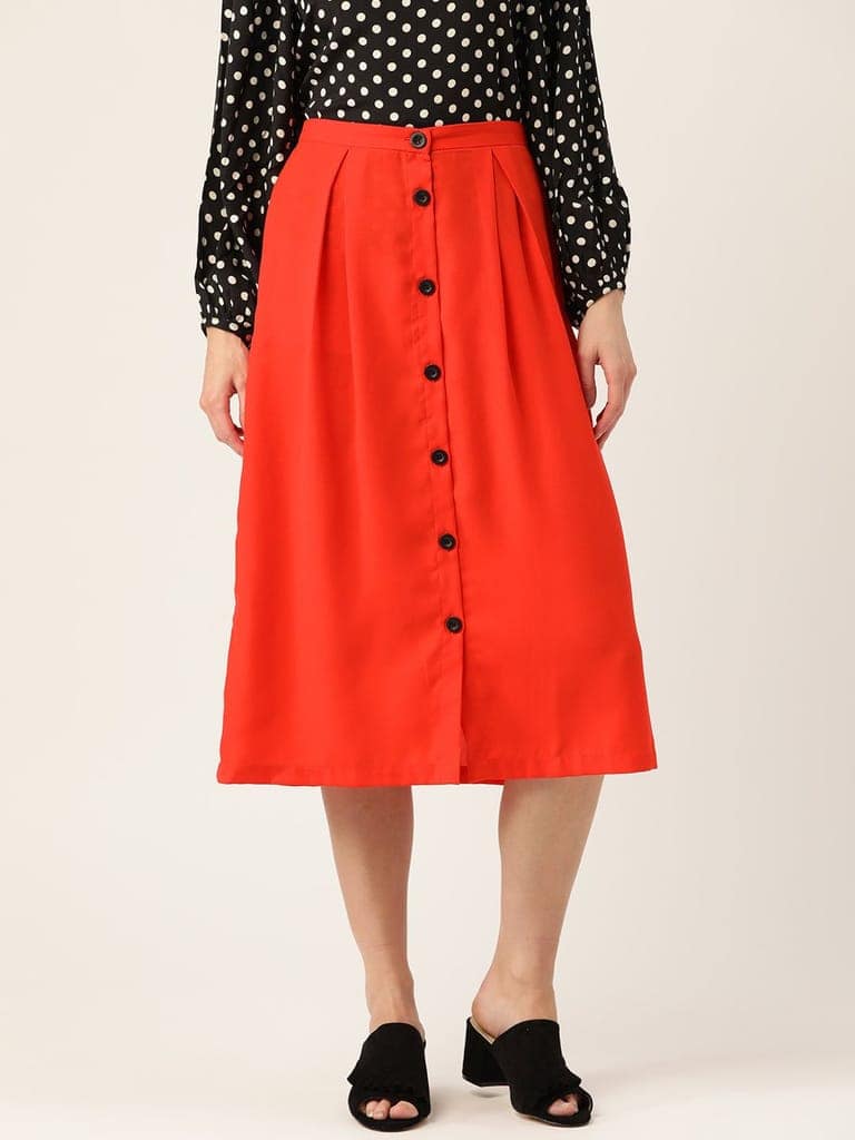Women Red Solid Midi A-line Skirt
