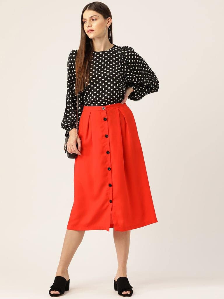 Women Red Solid Midi A-line Skirt view 4
