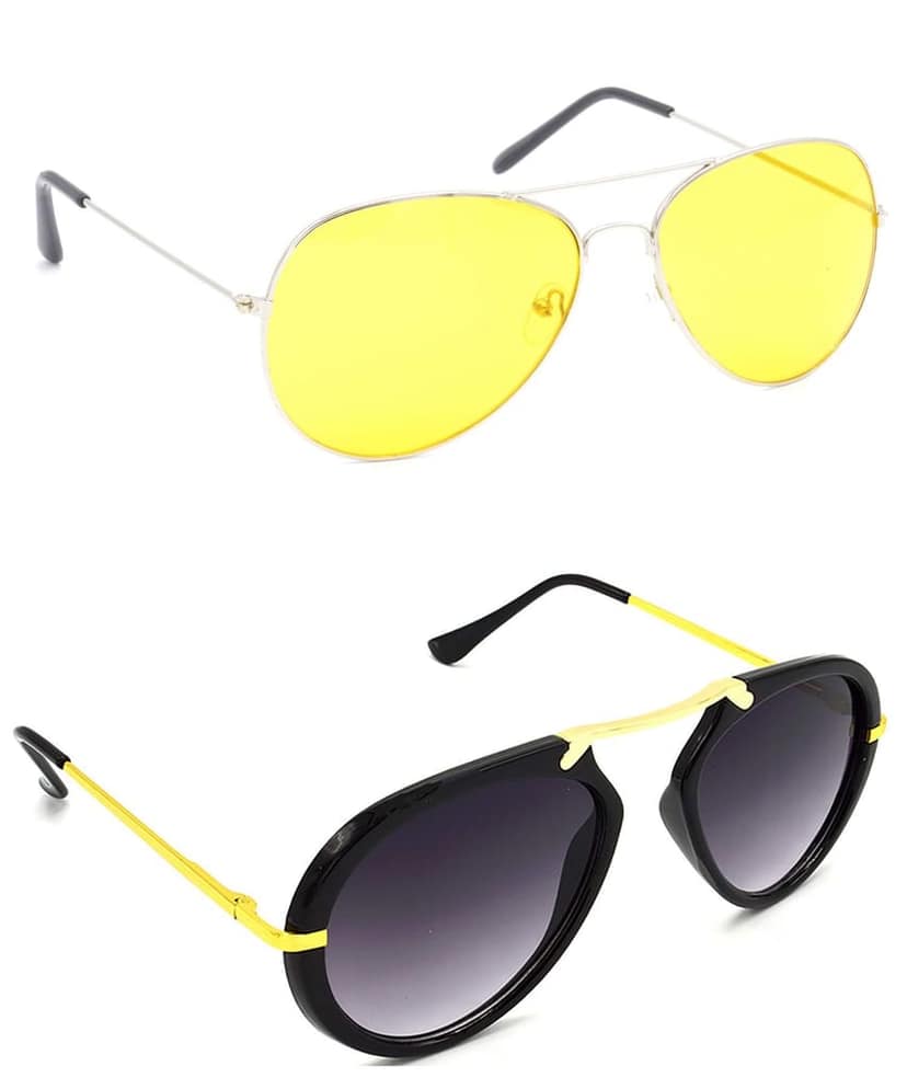 HRINKAR Unisex Pilot Sunglasses Silver & Golden Frame, Yellow & Grey Lens (Medium) - Pack of 2