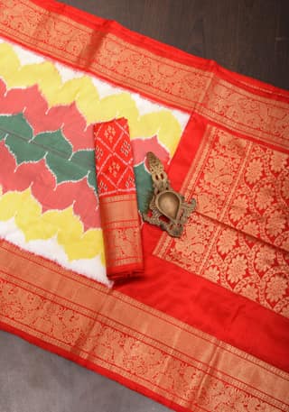 Rangkaat design Ikkat Kanjivaram Fusion Silk Saree with 6" Wide Red Zari Border | SILK MARK CERTIFIED