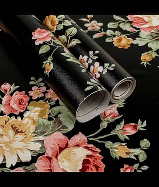 KRAMOX Black Floral Peel and Stick Wallpaper Decorative PVC Furniture Renovation Cabinet Flower Drawer Shelving Paper Vintage Decor Shelf Liner Self Adhesive Removable Waterproof Easy to Use