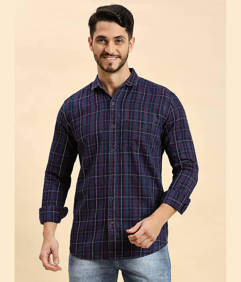 HJ HASASI 100% Cotton Slim Fit Checks Full Sleeves Men's Casual Shirt - Navy ( Pack of 1 )