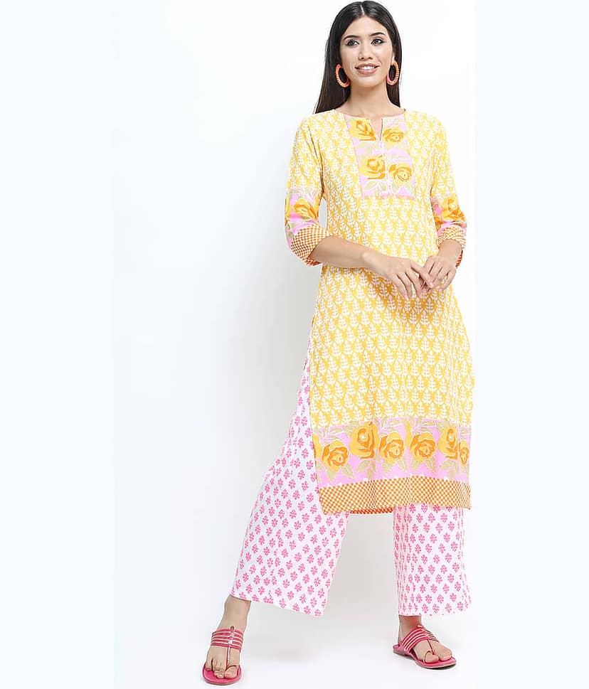 Vishudh Women Viscose Printed Straight Kurti With Palazzo ( Yellow ) view 2